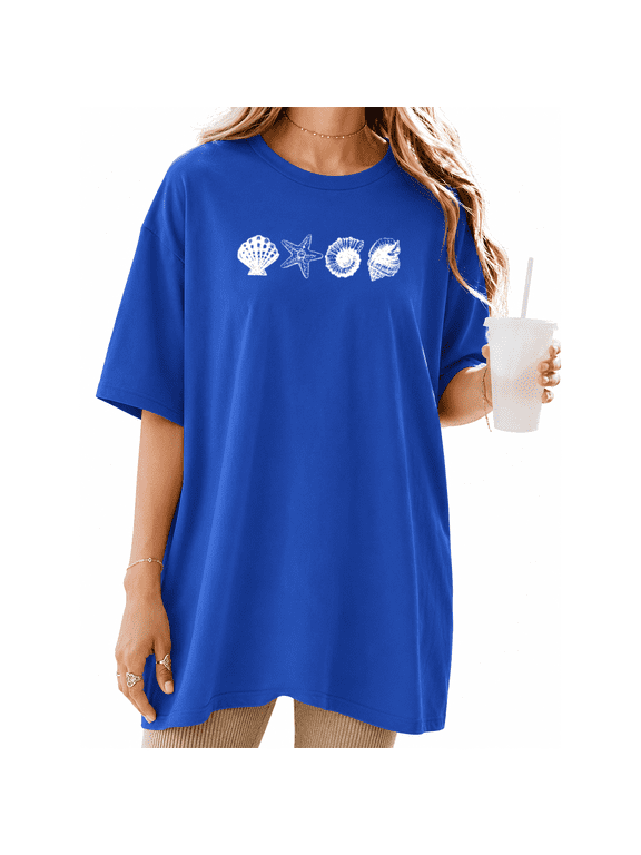 Women's Marine Shell Graphic Short Sleeve T-Shirt Soft Cotton Green Oversized Summer Tee