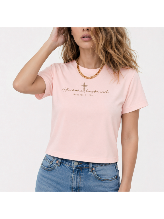 Women's Proverbs 31 Motherhood Kingdom Work Quote Floral Cross Script Letter Art Graphic Cropped Short Sleeve T-shirt Christian Mom Inspirational Daily