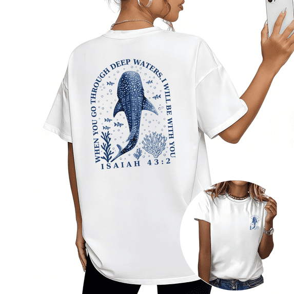 COZYMY Women's Red Whale Shark Deep Waters Graphic Tee Double Sided Vibrant Marine Life Print T Shirt Ocean Bible Verse Isaiah 43 2 Summer Casual Holiday Top