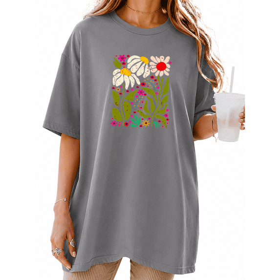 COZYMY Women's Vibrant Wildflower Graphic Short Sleeve Shirt Soft Cotton Black Crewneck Summer Tee