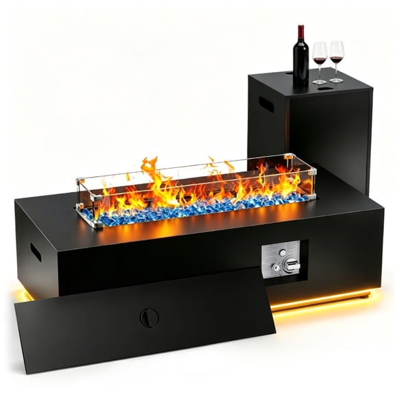 COZYNET 42 in x 20 in Rectangle 50000 BTU Propane Powder Coating Finish Metal Fire Pit Table with Adjustable Flame,  coffee table with  fire pit (Black/RGB Light)
