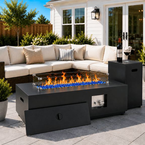 COZYNET 42 in x 20 in Rectangle 50000 BTU Propane Powder Coating Finish Metal Fire Pit Table with Adjustable Flame