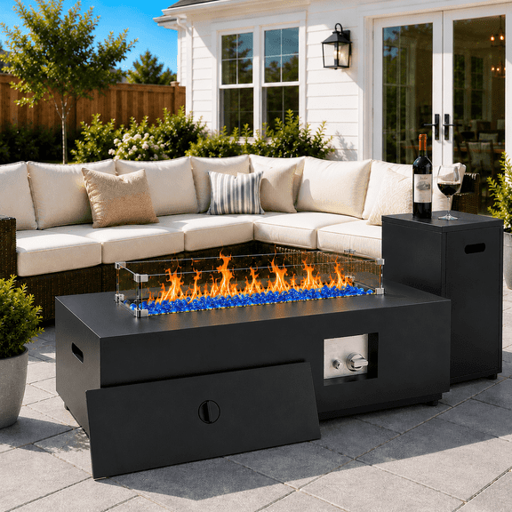 COZYNET 42 in x 20 in Rectangle 50000 BTU Propane Powder Coating Finish Metal Fire Pit Table with Adjustable Flame