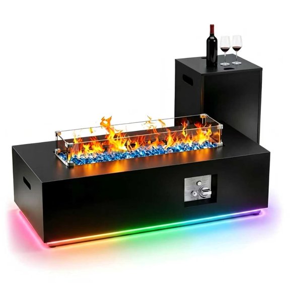 COZYNET 42 in x 20 in Rectangle 50000 BTU Propane Powder Coating Finish Metal Fire Pit Table with Adjustable Flame,  coffee table with  fire pit (Black/RGB Light)