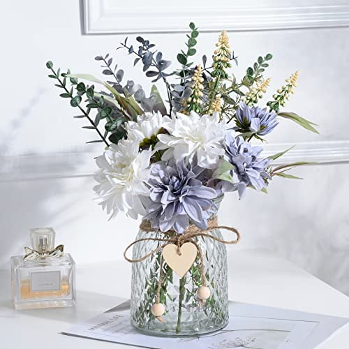 White and Blue Silk Flower Arrangement with Glass Vase