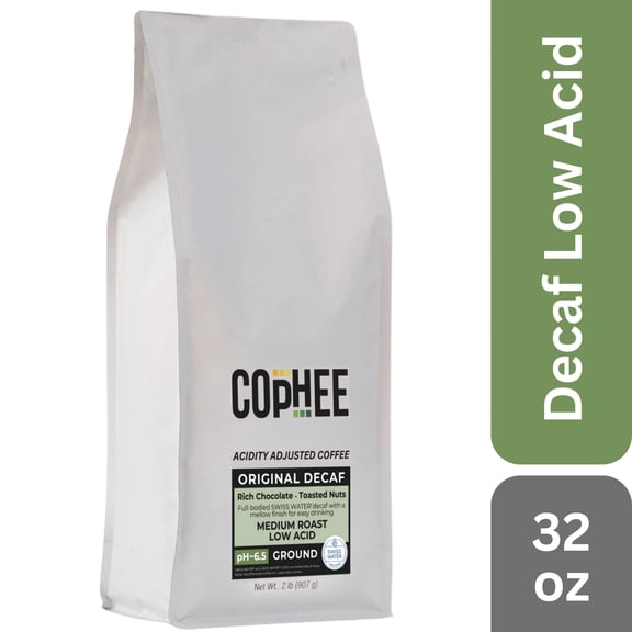 COpHEE - Decaf - Low Acid Coffee for Reflux, Heartburn and Indigestion - 32 oz Ground Medium Roast Arabica