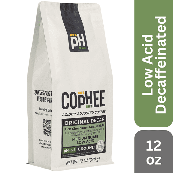 COpHEE - Decaf - Low Acid Coffee for Reflux, Heartburn and Indigestion - 12 oz Ground Medium Roast Arabica