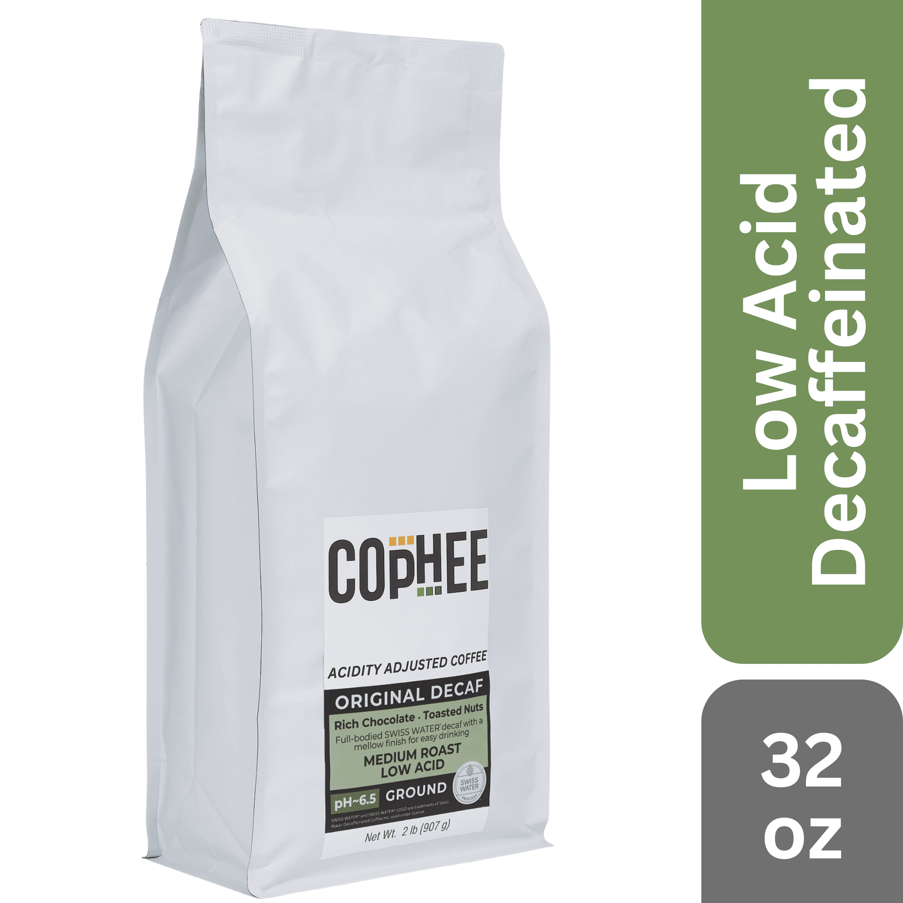 COpHEE - Decaf - Low Acid Coffee for Reflux, Heartburn and Indigestion - 32 oz Ground Medium Roast Arabica