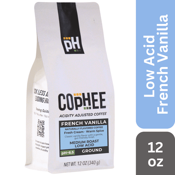 COpHEE - Low Acid Coffee for Reflux, Heartburn and Indigestion - French Vanilla - 12 oz Ground Medium Roast Arabica