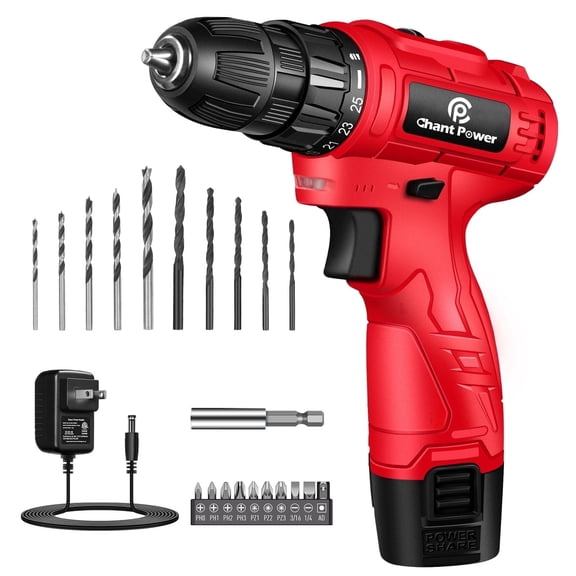CP CHANT POWER 12V Cordless Power Drill Set, 2 Variable Speed & 25+1 Torque Electric Drill with 21 Bits, 3/8" Keyless Chuck, 1 Battery and Charger