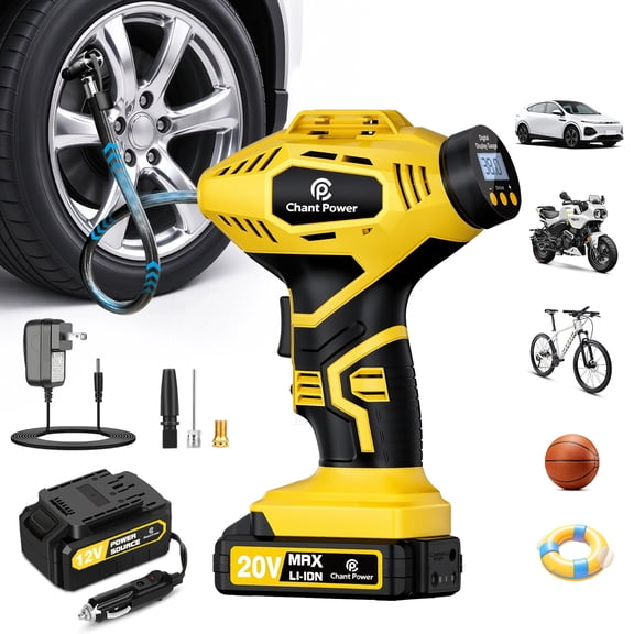 CP CHANT POWER 20V Cordless Tire Inflator Portable Air Compressor, Dual Power Air Pump with Rechargeable Battery, Digital Gauge and 12V Car Adapter