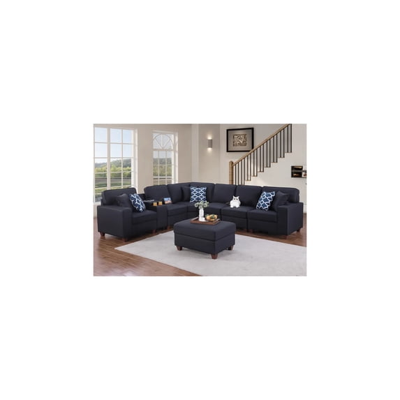 Devion Furniture Gina Artificial Leather Modular Sectional With Ottoman And Cupholder Console - Black