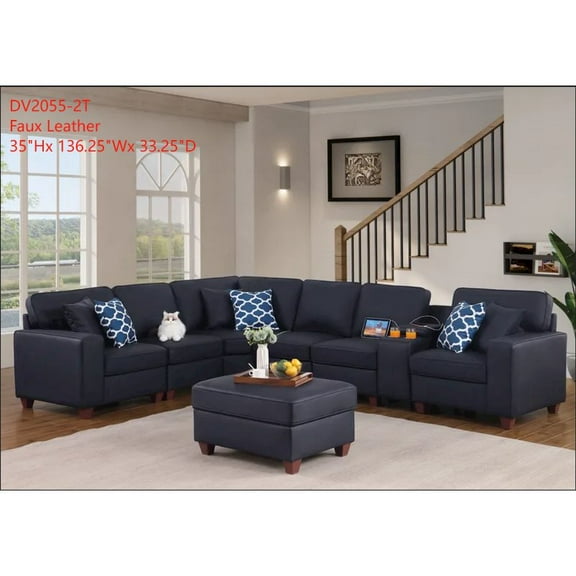 Devion Furniture Artificial Leather Modular Sectional With Ottoman And Cupholder Console - Black