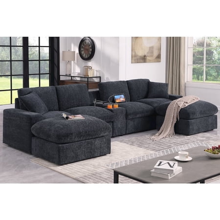 CP HomeDecor Bonaira Modular Sectional With Cupholder Console - Dark Gray Chenille