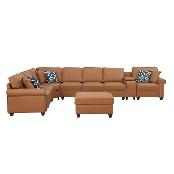 Devion Furniture Ella Faux Leather Modular Sectional Sofa with ottoman and cupholder console