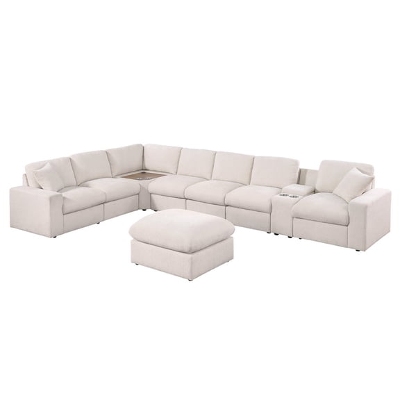 Devion Furniture Sectional Sofa With Table Cupholder Console, USB Port Ottoman - Beige Chenille