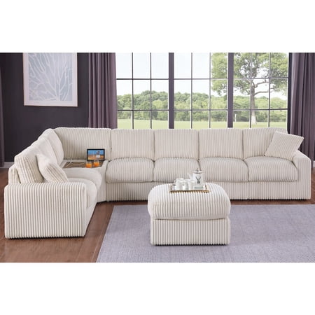 CP HomeDecor Sectional Sofa With Table Cupholder Console, USB Port Ottoman - Beige Polyester