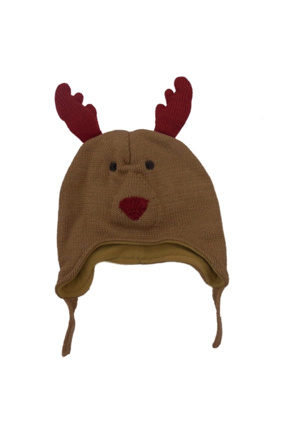 CP Infant Boys Girls Brown Knit Reindeer Peruvian Trapper Hat Fleece Lined 0-6m