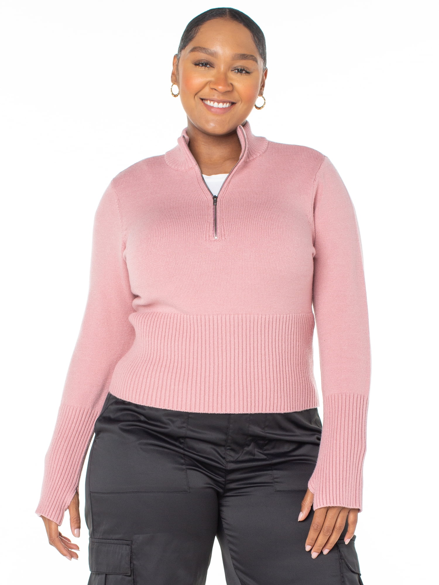 Celebrity Pink Women's and Women's Plus Mock Neck Zip-up Sweater, Sizes XS-3X