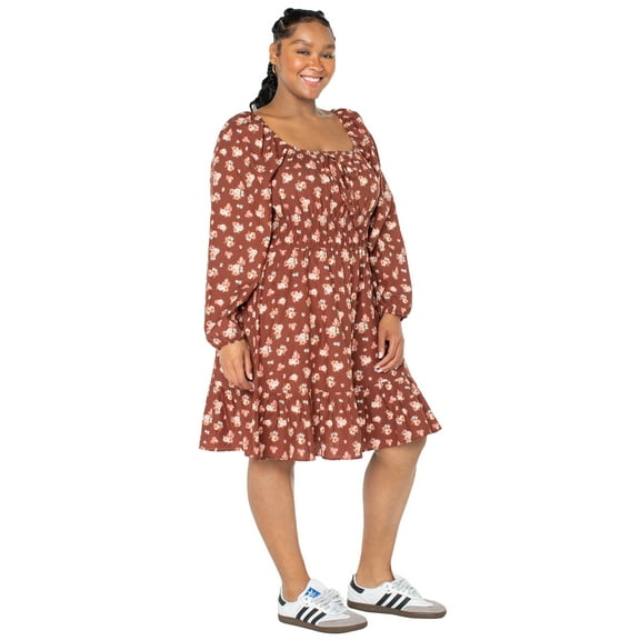 Celebrity Pink Women’s and Women’s Plus Floral Print Babydoll Dress with Long Sleeves, Sizes XS-4X