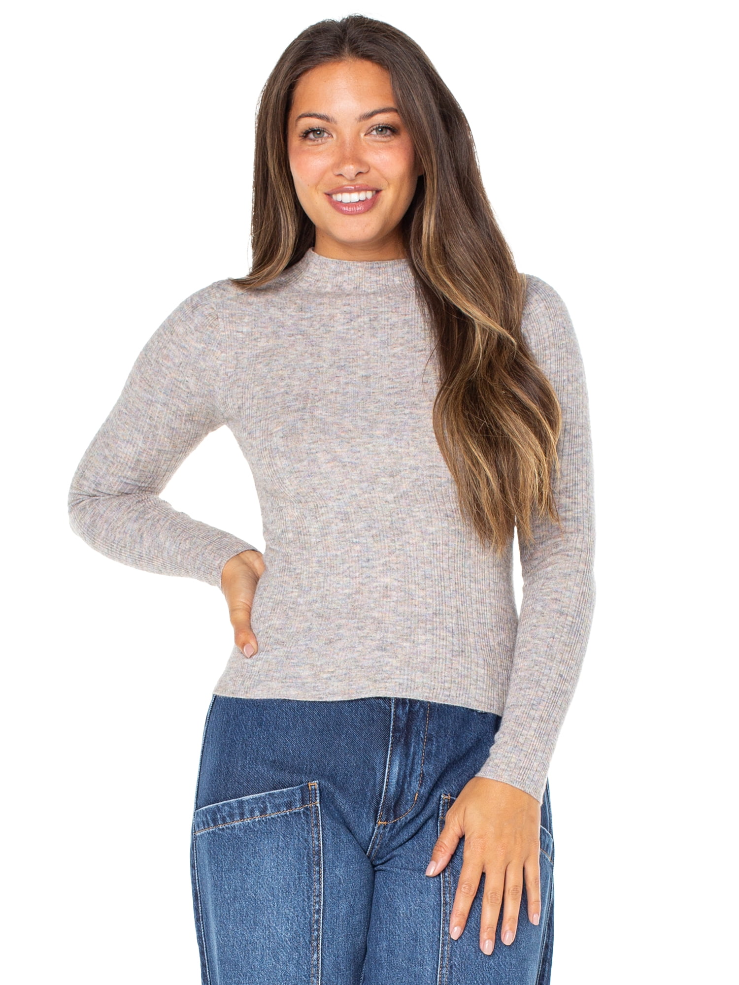 Celebrity Pink Women's Mock Neck Rib Top with Long Sleeves, Sizes XS-XXXL