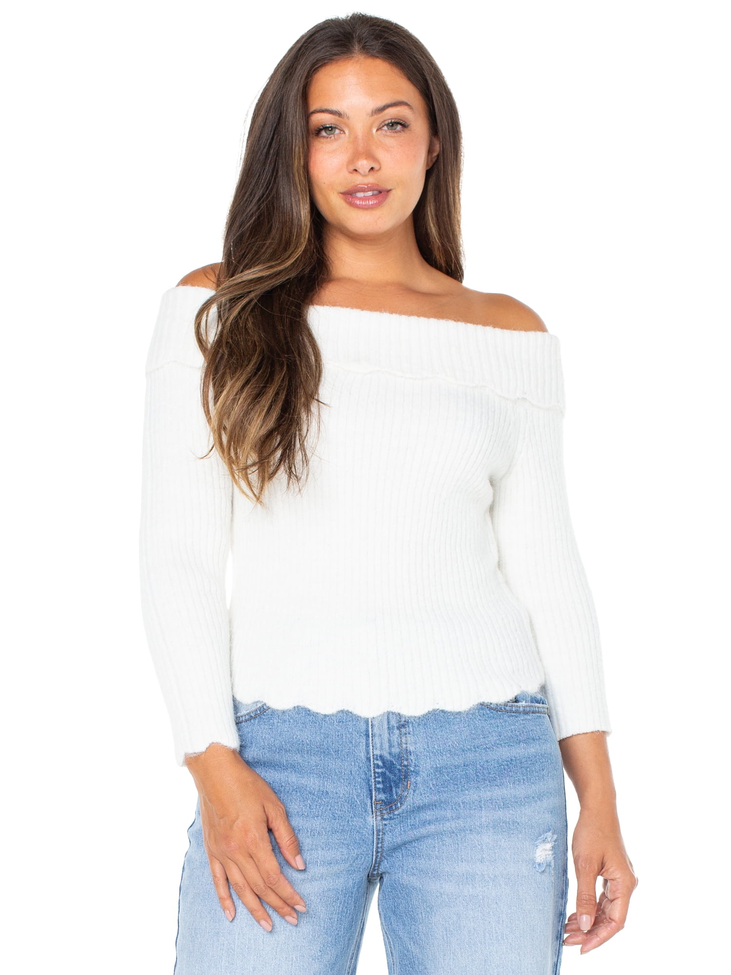 Celebrity Pink Women's Off Shoulder Scalloped Edge Sweater, Sizes XS-XXXL