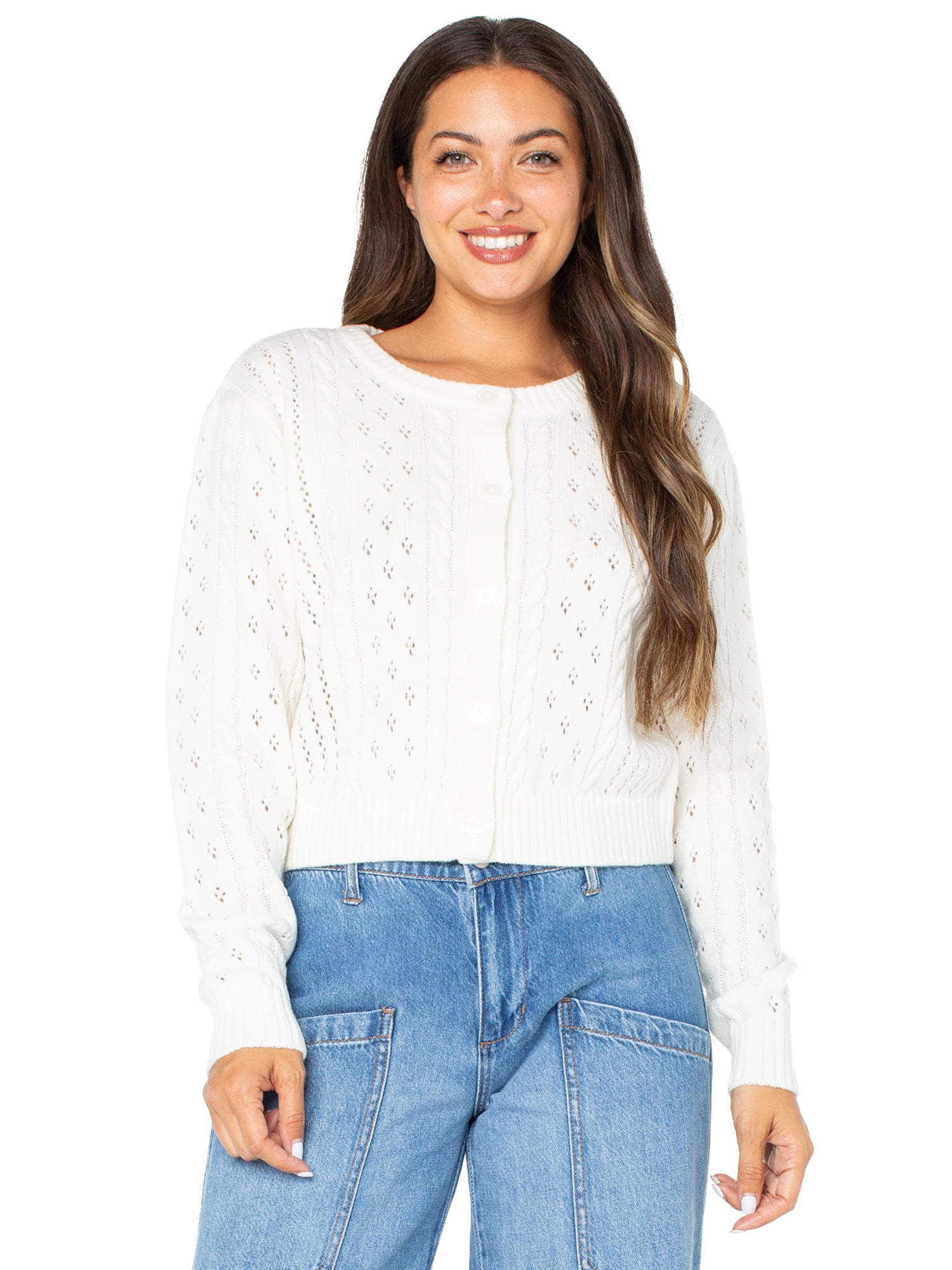 Celebrity Pink Women's Pointelle Crewneck Cardigan Sweater, Sizes XS-XXXL