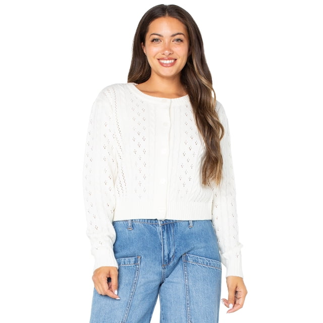 Celebrity Pink Women's Pointelle Crewneck Cardigan Sweater, Sizes XS-XXXL