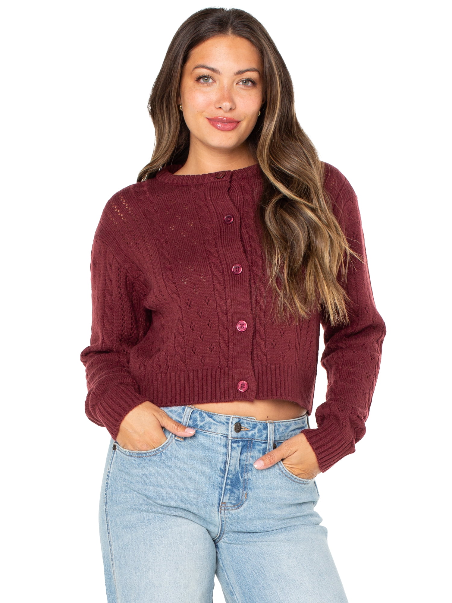 Celebrity Pink Women's Pointelle Crewneck Cardigan Sweater, Sizes XS-XXXL