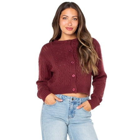Celebrity Pink Women's Pointelle Crew Neck Cardigan Sweater, Sizes XS-XXXL