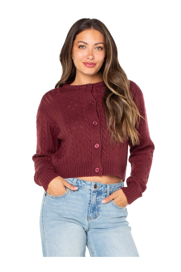 Women's Pointelle Crew Neck Cardigan Sweater, Sizes XS-XXXL