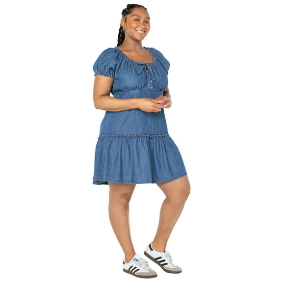 Celebrity Pink Women’s Denim Mini Dress with Puff Sleeves, Sizes XS-4X