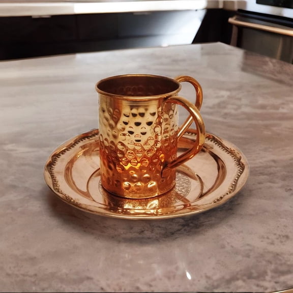 CP Pure Copper Netilat Yadayim Cup with Plate | Negel Vasser Hammered Cup | Wash Mug | | 100% Kosher! | Wash Cup 500 ml