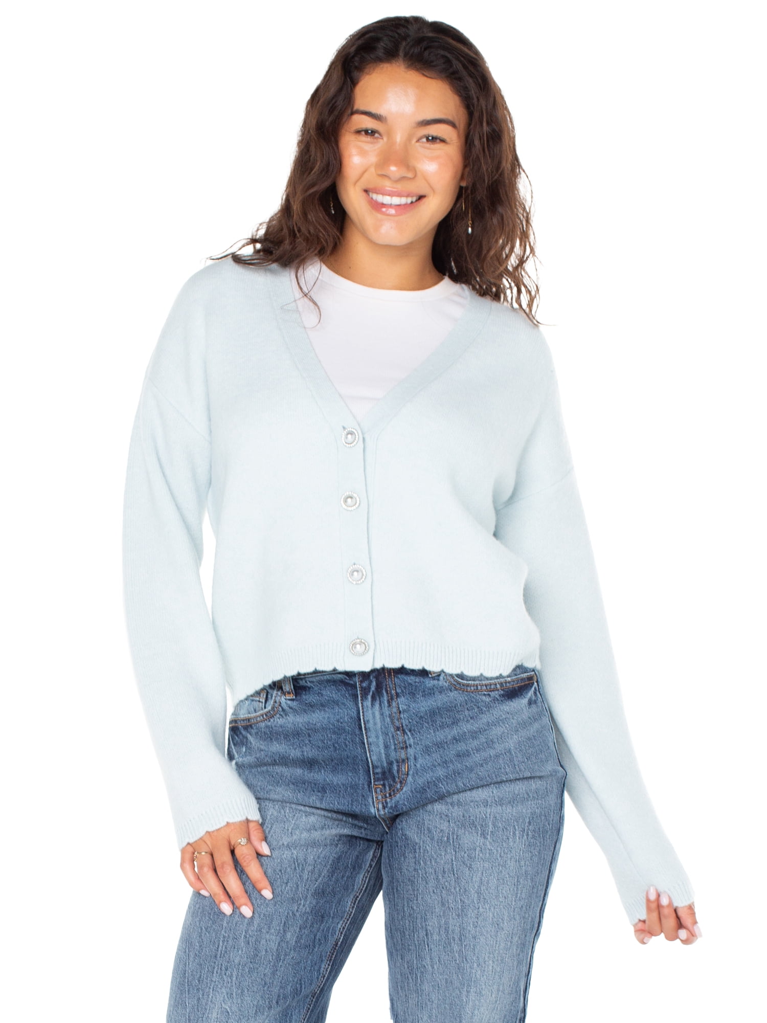 Celebrity Pink Women's Scalloped Hem Jewel Button Cardigan Sweater with Long Sleeves, Sizes XS-XXXL