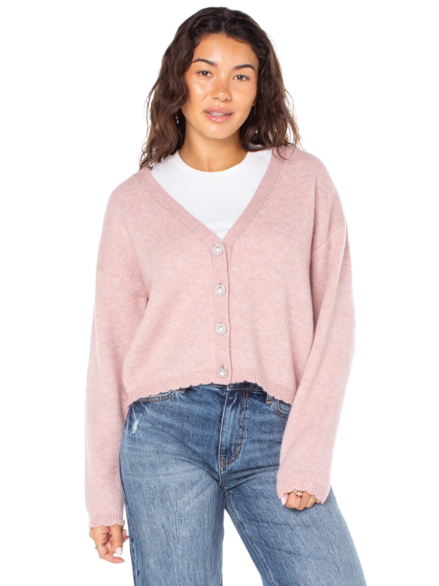 Celebrity Pink Women's Scalloped Hem Jewel Button Cardigan Sweater with Long Sleeves, Sizes XS-XXXL