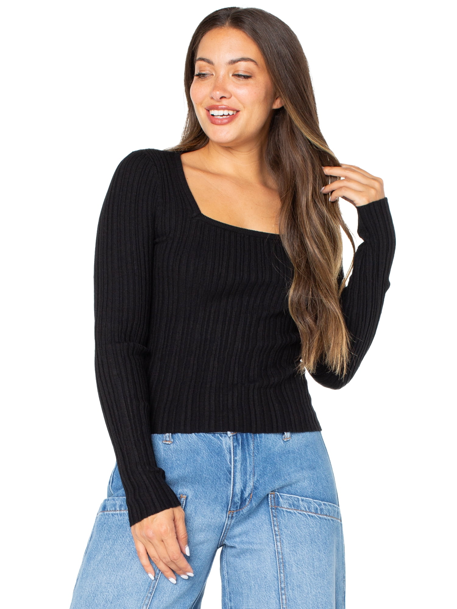 Celebrity Pink Women's Square Neck Ribbed Long Sleeve Top, Sizes XS-XXXL