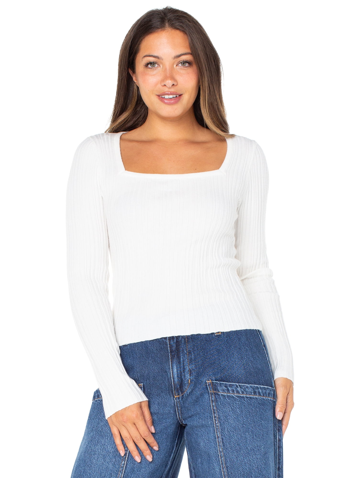 Celebrity Pink Women's Square Neck Ribbed Long Sleeve Top, Sizes XS-XXXL