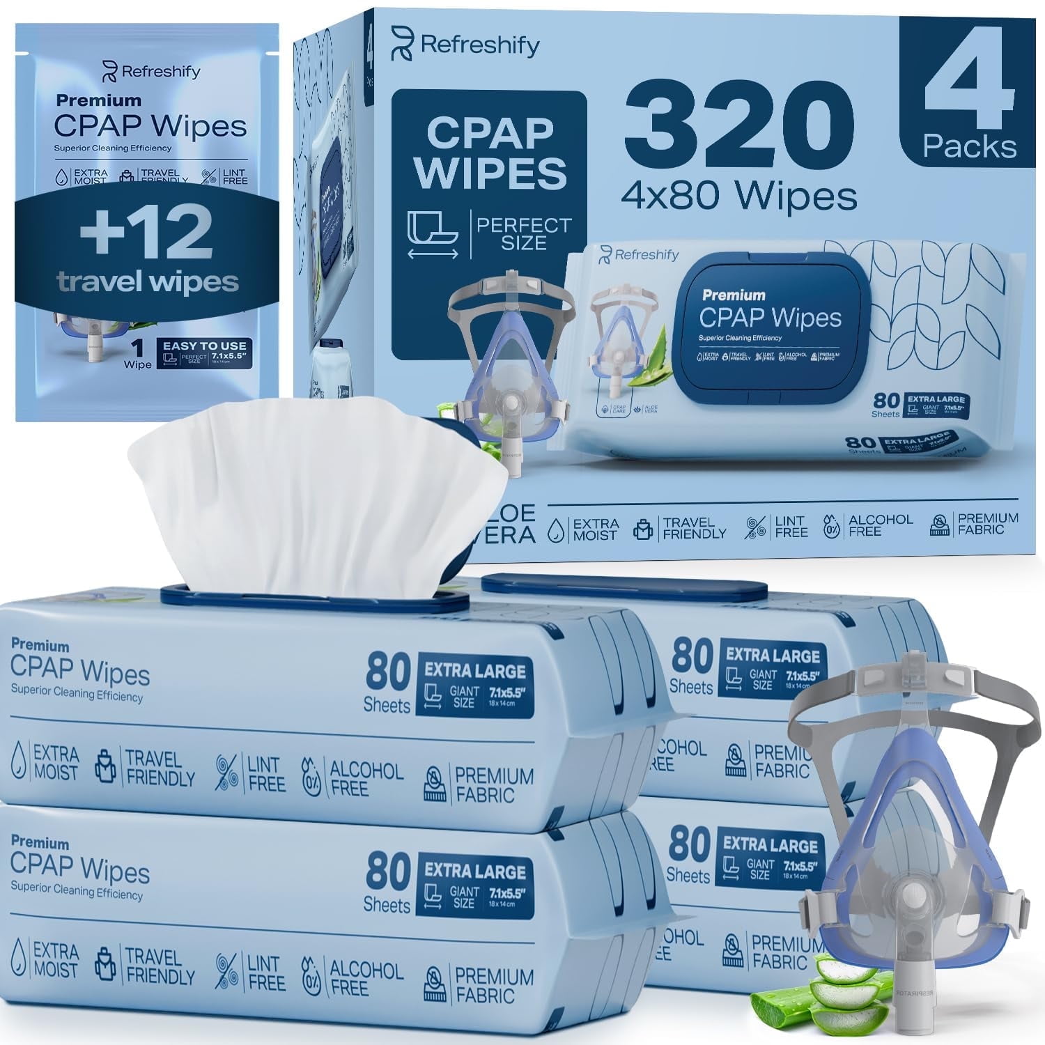 Refreshify CPAP Mask Cleaning Wipes Unscented, Large & Moist 320-Count + 8 Travel Pack Gentle for All Skin Types, CPAP Cleaning Supplies
