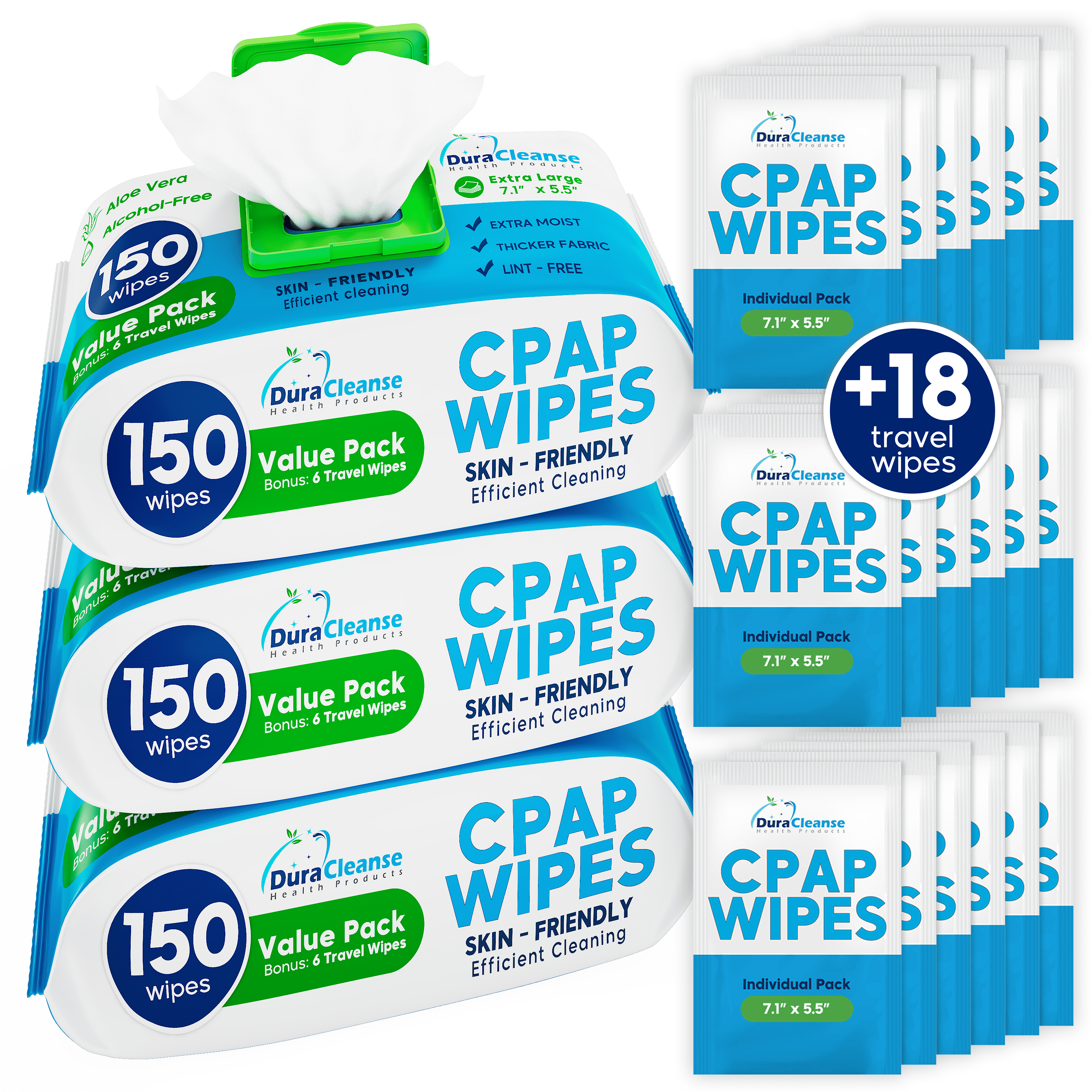 CPAP Mask Wipes 450 Count Jumbo Pack + 6 Travel Wipes Duracleanse Extra Large, Extra Moist