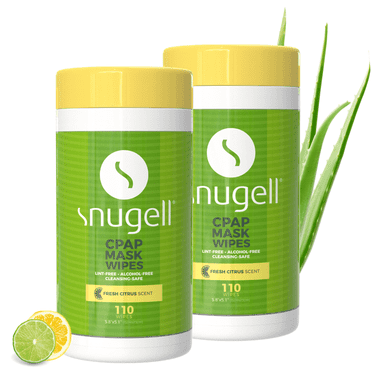 CPAP Mask Wipes by Snugell (2-Canister,110 Count) - Citrus Scent - 100% Soft Cotton - Lint & Alcohol Free - Skin Safe with Aloe Vera - Easy Opening Canister - For Cleaning CPAP Mask, Tube and Devices