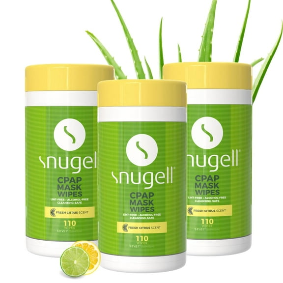 Snugell Citrus Scented CPAP Mask Wipes – 110 Count (3-Pack) – 100% Soft Cotton, Lint-Free, Alcohol-Free – Skin-Safe Formula with Aloe Vera – Easy-Open Canister for Cleaning CPAP Masks, Tubes & Device
