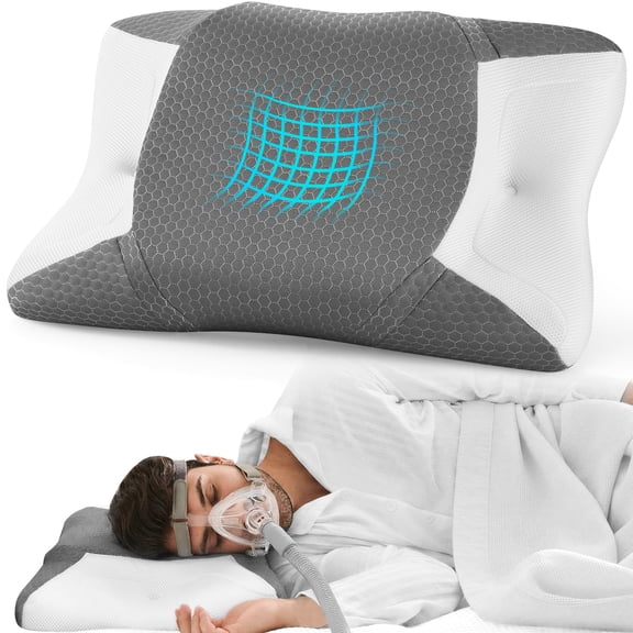CPAP Memory Foam Pillow for Side Sleeping, Neck Support Bed Pillow with Mask-Friendly Cutouts, Dark Gray
