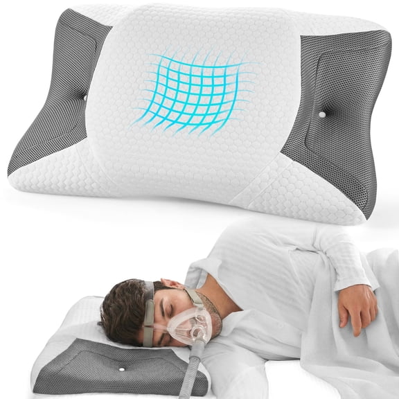CPAP Memory Foam Pillow for Side Sleeping, Neck Support Bed Pillow with Mask-Friendly Cutouts, White