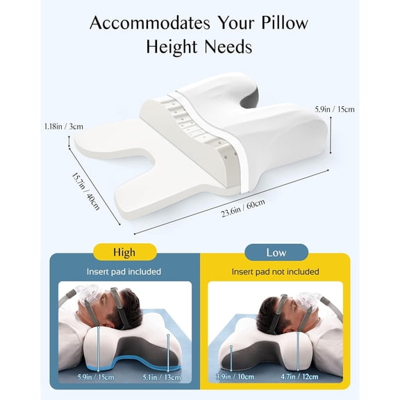 CPAP Pillow for Larger-Framed Men, Ergonomic Memory Foam Bed Pillow to Reduce Air Leaks, Facial Pressure & Neck Pain, Height Adjustable for Side Back Stomach Sleepers, 23.6"x15.74"x5.11"/5.9"