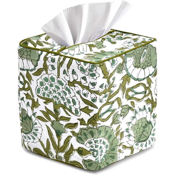 CPC Agate Green Hand Block Printed Cotton Tissue Box Cover 5" x 5.5" Square Soft Reusable Boho Napkin Holder for Home Kitchen Dining Bathroom Office Cafe Spa Summer Thanksgiving