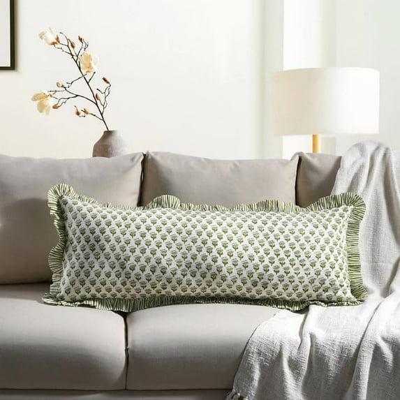 CPC Emerald Green 100% Cotton Block Print Ruffle Sham Cover 14x36 inch, Handmade Boho Floral Pillowcase, Farmhouse Cottagecore Bedding, Soft Decorative Cushion Cover for Bedroom Décor