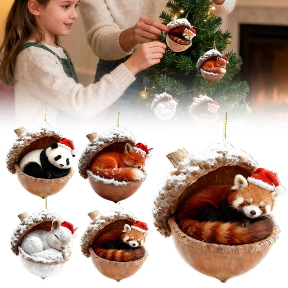 CPHDW7 4 Pack Vintage Christmas Tree Decorations, Acrylic Animal Pendants, Cozy Woodland Creatures Ornaments for Rustic Nature Themed Home Wreaths Tabletop