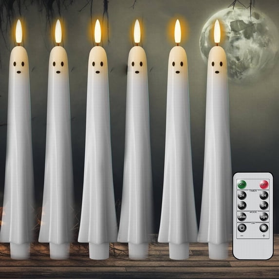 CPHDW7 5 Pack Battery Operated Flameless Taper Candles with Remote Timer, Flickering LED Halloween Decorations for Dinner Table Window Fireplace
