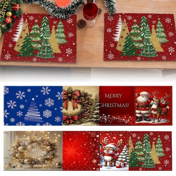 CPHDW7 Christmas Linen Placemats, Heat Resistant Table Mats with Non-Slip Bottom, Festive Decor for Dining Room Kitchen Party