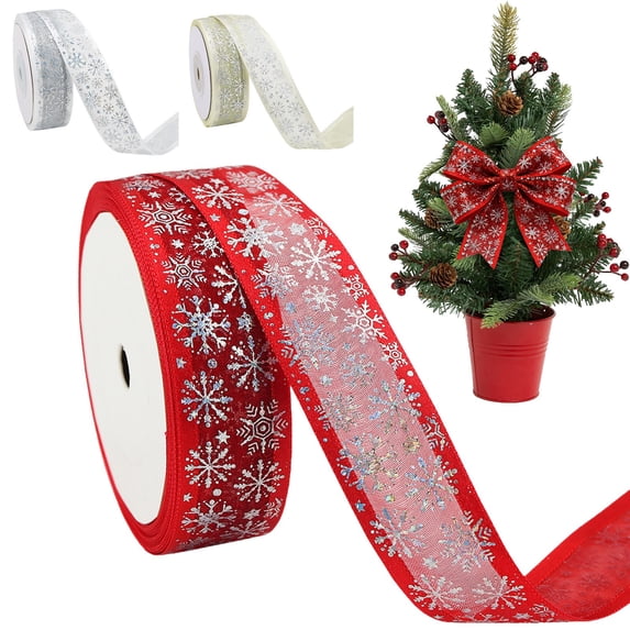 CPHDW7 Christmas Ribbon Snowflake, Glitter Wired Edge Ribbon for Tree Wreath Decor, Festive Craft Ribbon for Gift Wrapping Bows Making